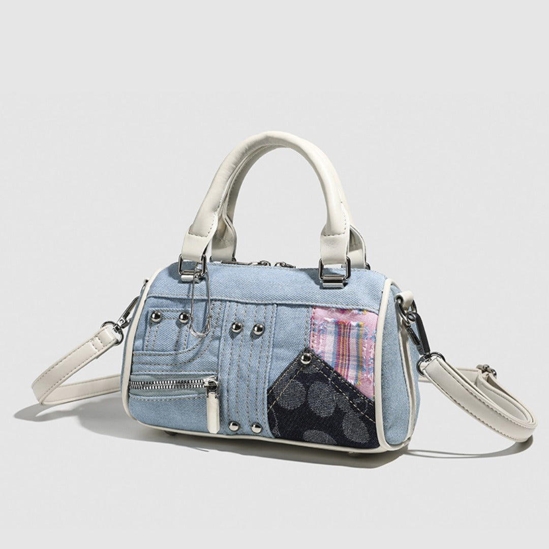 Denim Patchwork Boston Tote Bag for Women - Small Tote Purse with Detachable Crossbody Strap, Versatile Fashion Handbag for Girls -dropshippingabc.com