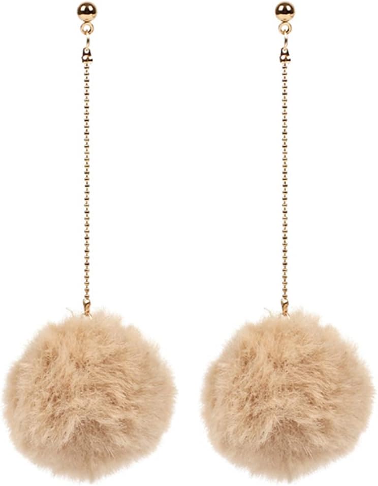 Faux Fur Pom Pom Tassel Drop Dangle Earrings Set
