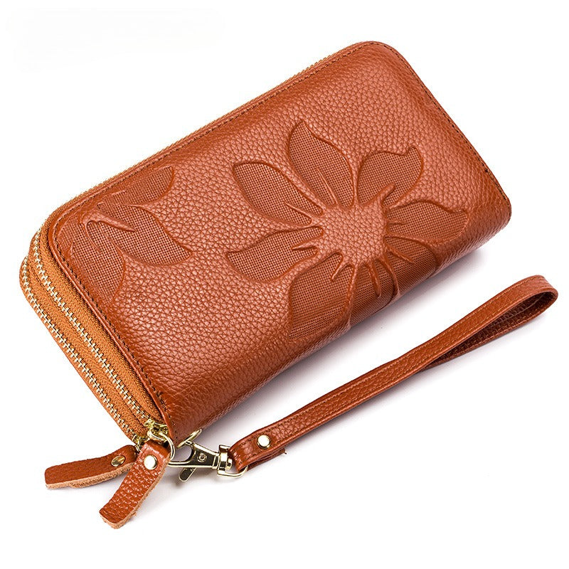 Women's Leather Double Zipper Wallet - Solid Color Large Capacity Long Phone Wallet from First-Layer Cowhide -dropshippingabc.com