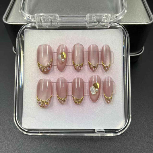 French Tips Cat Eye Press On Nails | Short Almond Nude Fake Nails #1045