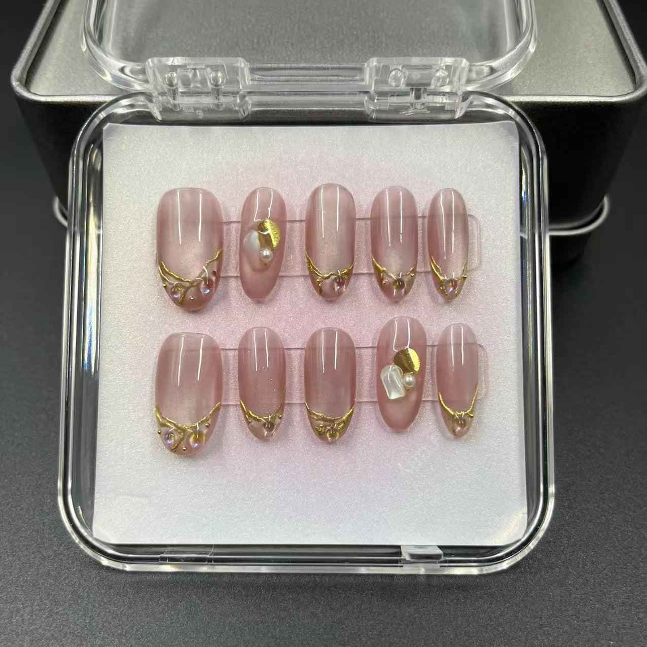 French Tips Cat Eye Press On Nails | Short Almond Nude Fake Nails #1045