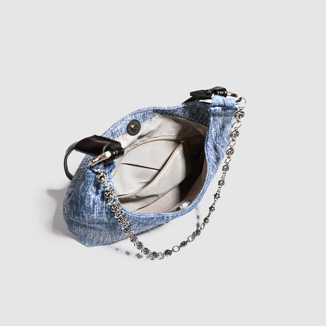 Simple Retro Small Crossbody Denim Slouch Bag - Versatile Denim Hobo Purse with Chain Strap -dropshippingabc.com