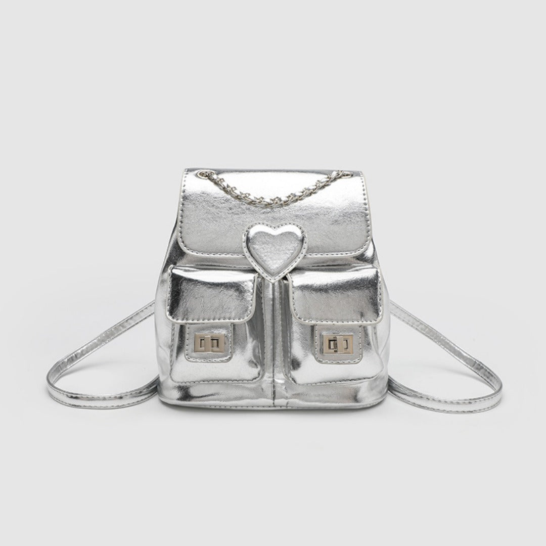 Silver Backpack Purse for Women - Elegant Metallic Finish Fashion Bag with Chain Strap, Versatile Travel Bucket Bag -dropshippingabc.com