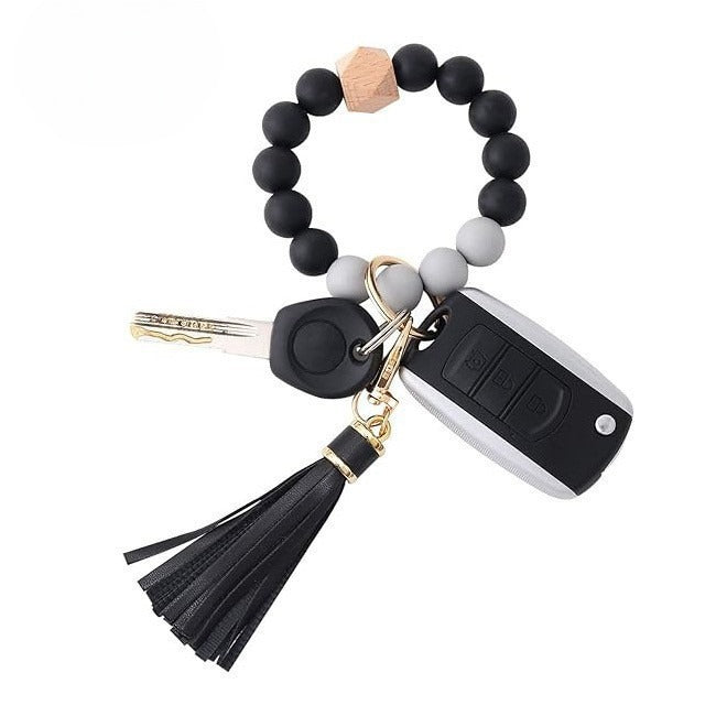 PU Tassel Keychain Bag charm Silicone Beaded Keychain Wristlet Key Ring Bracelet Cute Car Key Chain Holder for Women Girls -dropshippingabc.com