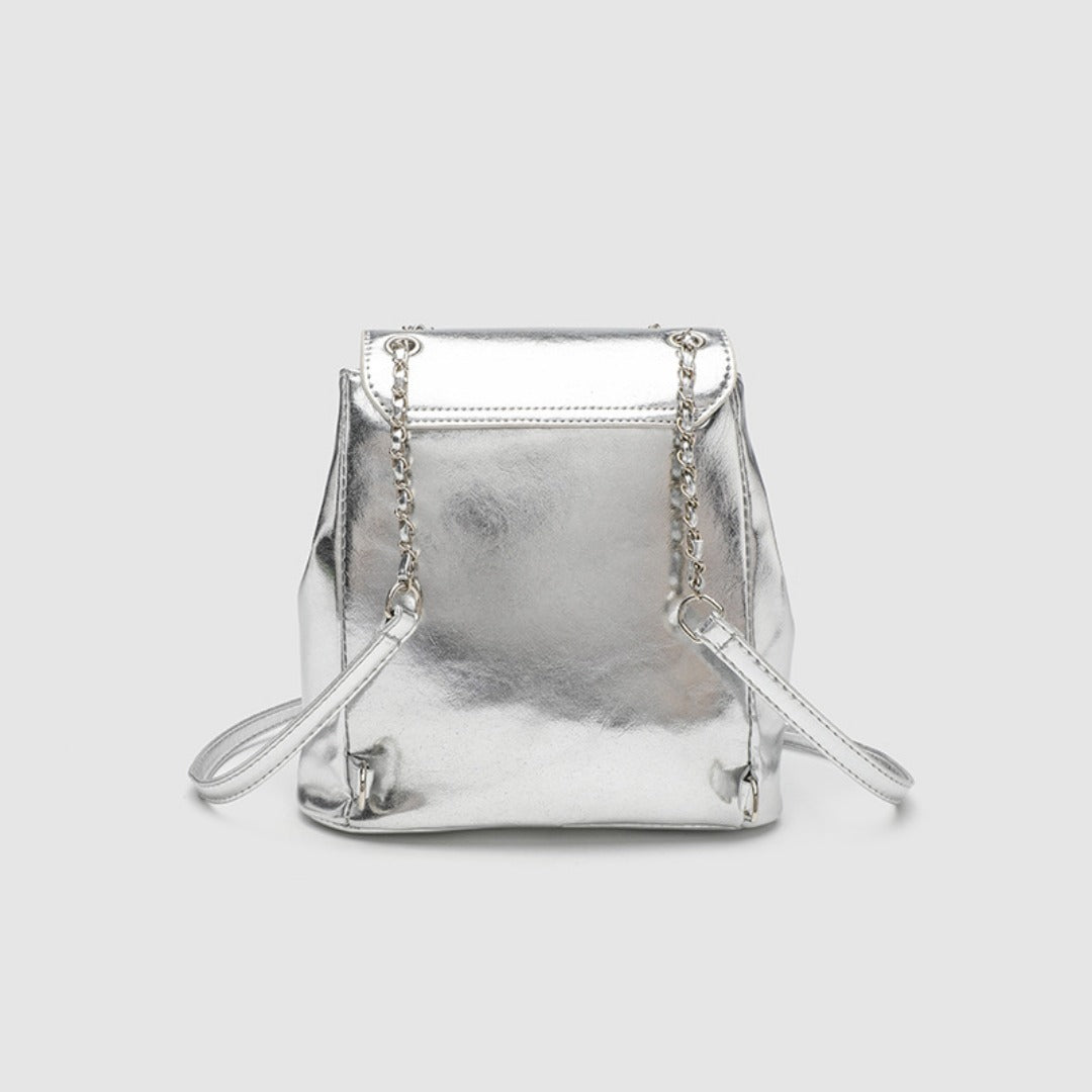 Silver Backpack Purse for Women - Elegant Metallic Finish Fashion Bag with Chain Strap, Versatile Travel Bucket Bag -dropshippingabc.com