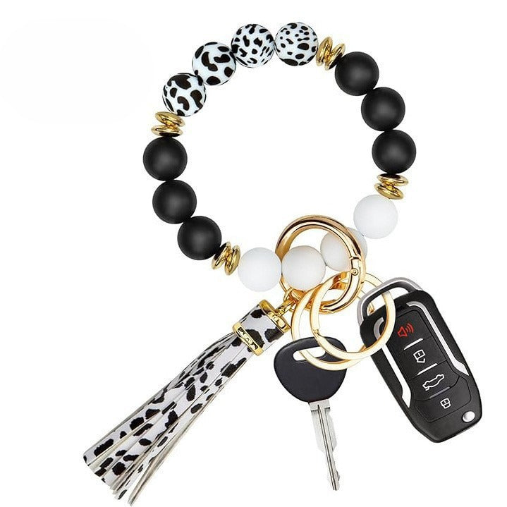 PU Tassel Keychain Women's Bag charm Silicone Beaded Keychain Wristlet Key Ring Bracelet Cute Car Key Chain Holder for Women Girls
