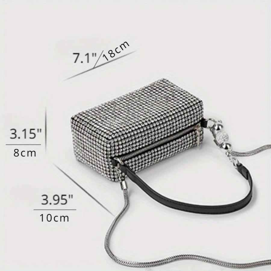 Fully Rhinestone Evening Bag - Rectangle Shape with Leather Handle & Detachable Crossbody Chain, Small Party Shoulder Purse
