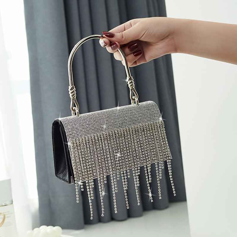 Rectangle Evening Clutch Purse with Glittering Rhinestone Tassel - Small Square Bag with Metal Handle & Detachable Chain