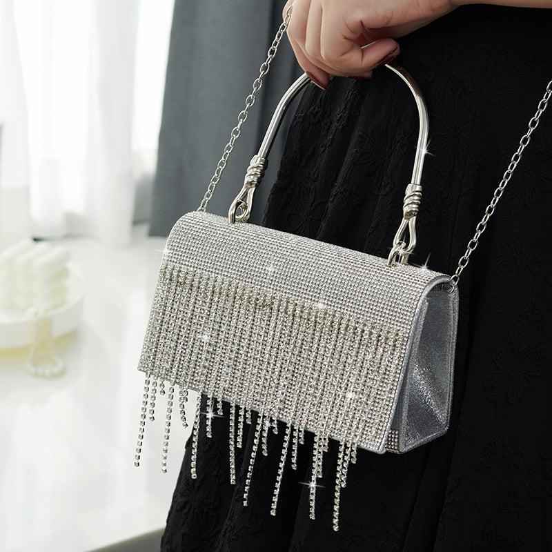 Rectangle Evening Clutch Purse with Glittering Rhinestone Tassel - Small Square Bag with Metal Handle & Detachable Chain