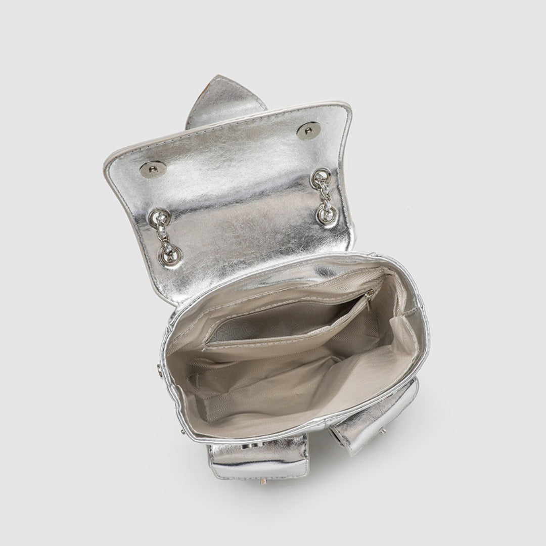Silver Backpack Purse for Women - Elegant Metallic Finish Fashion Bag with Chain Strap, Versatile Travel Bucket Bag -dropshippingabc.com