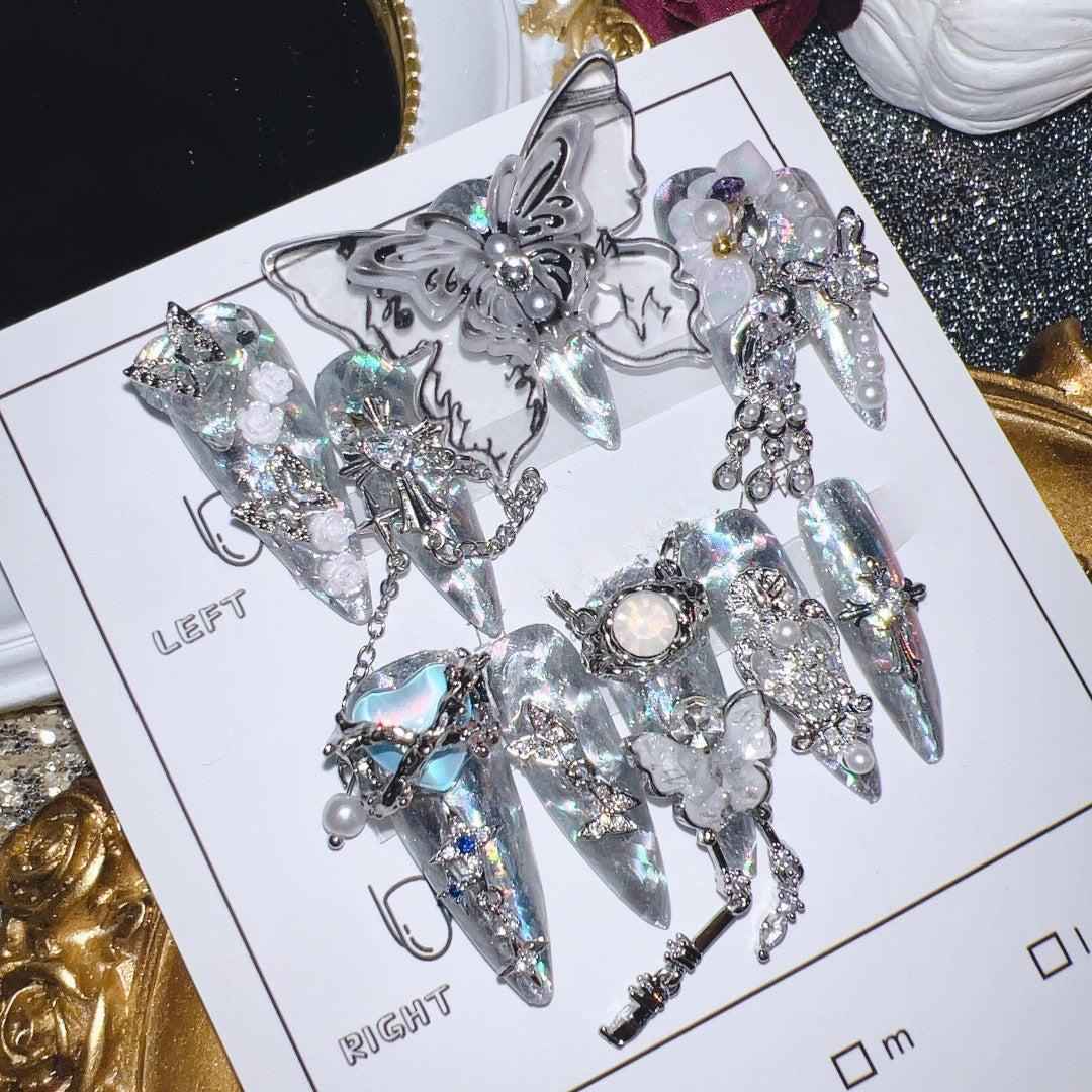 3D Butterfly & Bead Tassel Press On Nails - Short Stiletto Bohemian Fake Nails with Glue Kit #1017