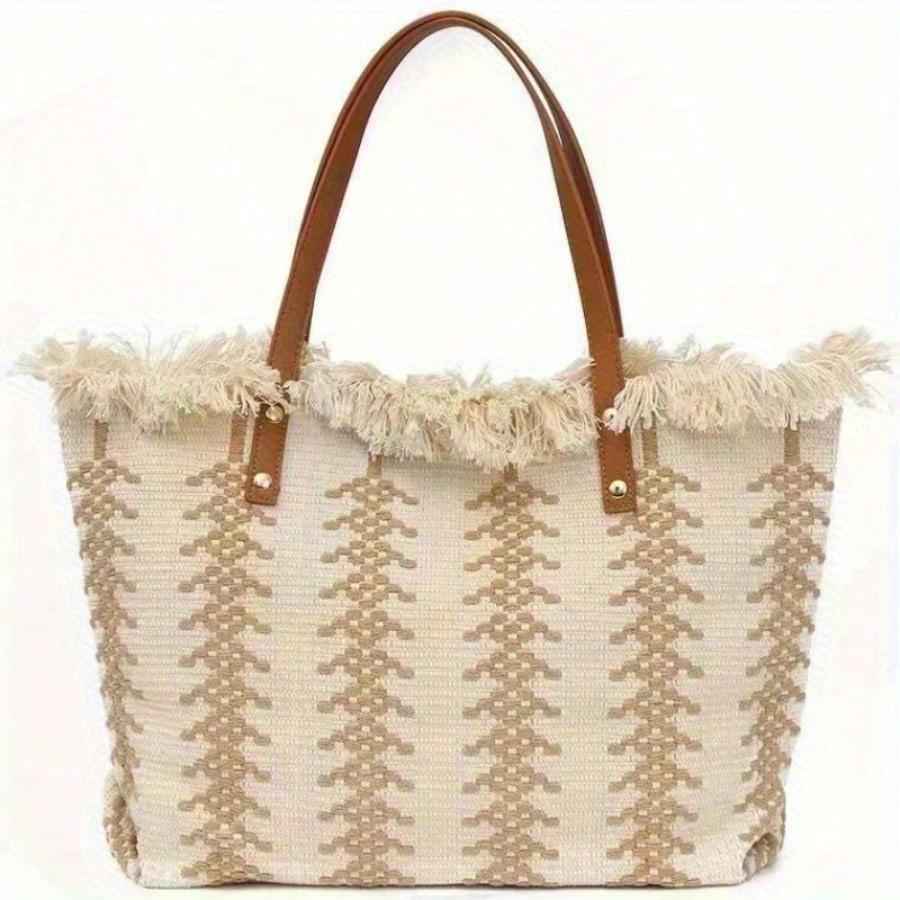 Beach Tote Bag - Bohemia Canvas Woven Summer Purse, Big Vacation Bag Lightweight Simple Design