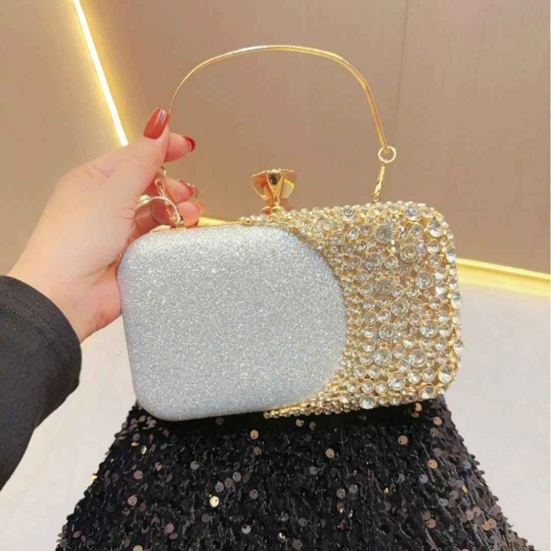 Women's Long Rhinestone Evening Bag - Sparkly Crystal Clutch with Crossbody Chain for Bride Wedding Party Prom