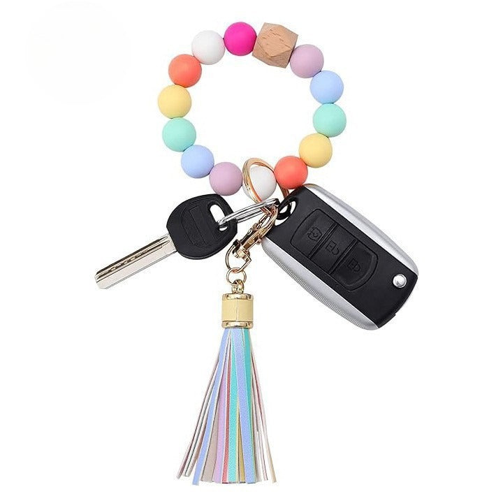 PU Tassel Keychain Bag charm Silicone Beaded Keychain Wristlet Key Ring Bracelet Cute Car Key Chain Holder for Women Girls