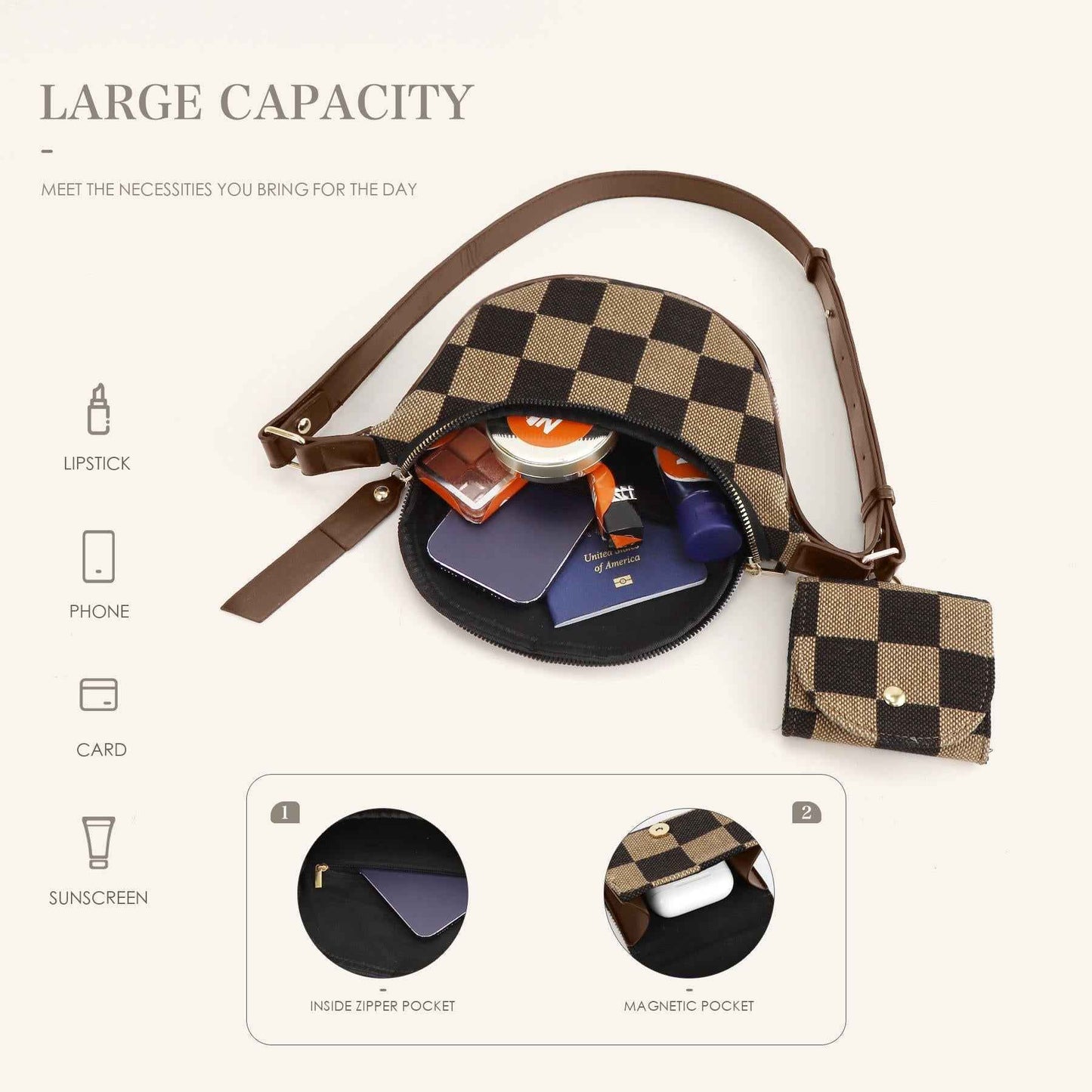 Checkerboard Canvas Crossbody Bag - 2-in-1 Compact Chest Bag & Fanny Pack with Earphone Storage