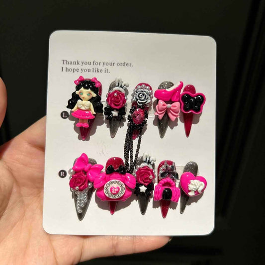 3D Barbie Press On Nails - Short Stiletto Pink Glitter Fake Nails with Glue Kit #1020