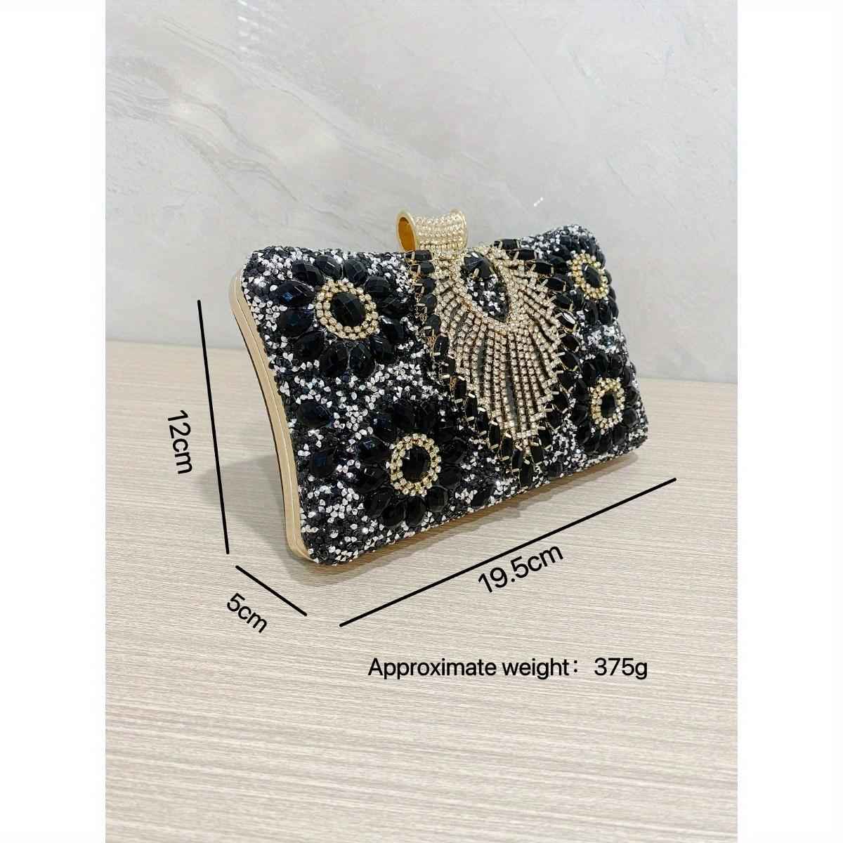 Handmade Rhinestone Evening Bag - Metal Top Handle Bar with Detachable Crossbody Chain for Party Prom Wedding