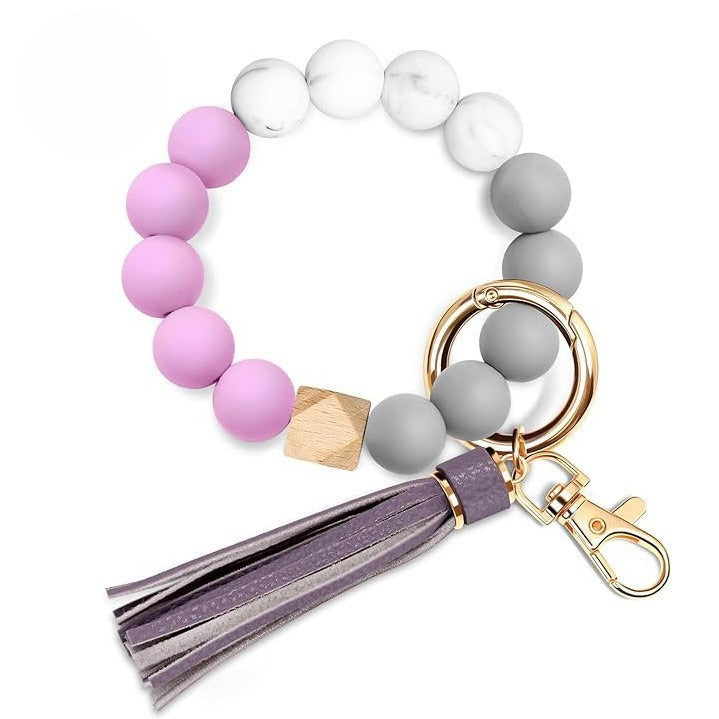 PU Tassel Keychain Bag charm Silicone Beaded Keychain Wristlet Key Ring Bracelet Cute Car Key Chain Holder for Women Girls