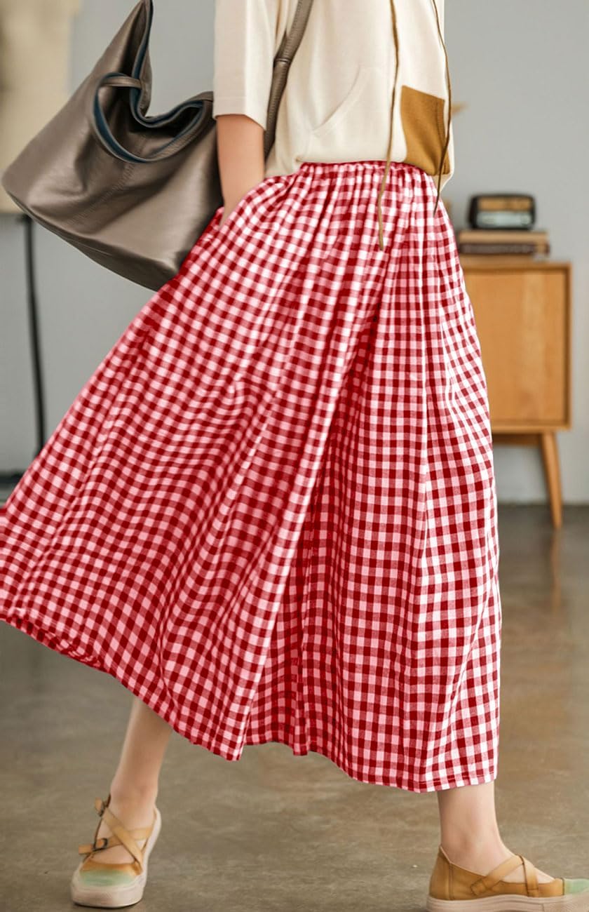Women's Cotton Linen Plaid Pants - Elastic Waist Wide Leg Palazzo Capri Pants -dropshippingabc.com
