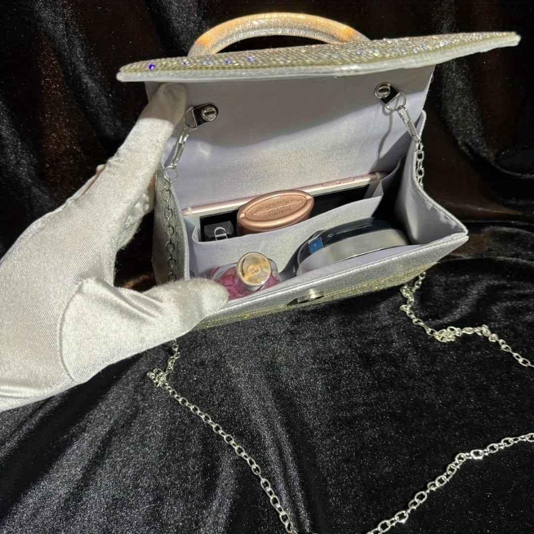 Square Rhinestone Evening Clutch for Women - Silver Dinner Bag with Leather Top Handle for Party & Dinner