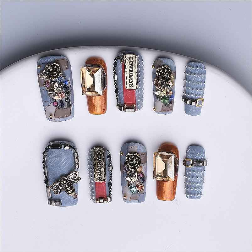 3D Jean Blue Retro Press on Nails - Handmade Square False Nails with Design, Reusable Acrylic Gift Set 1066
