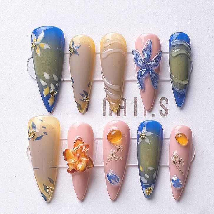 Glitter Gradient Press On Nails - 3D Floral Medium stiletto False Nails with Glue Summer Fake Nails for Women Girls Daily Wear DIY Manicure 1069