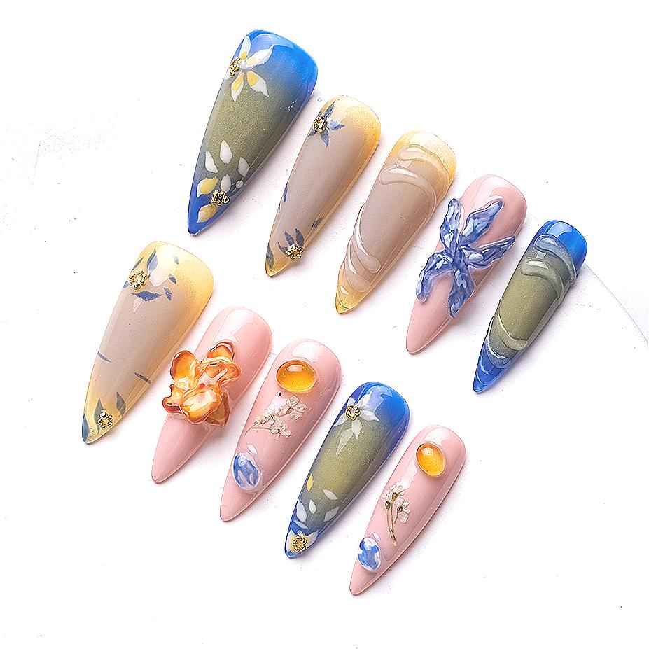 Glitter Gradient Press On Nails - 3D Floral Medium stiletto False Nails with Glue Summer Fake Nails for Women Girls Daily Wear DIY Manicure 1069