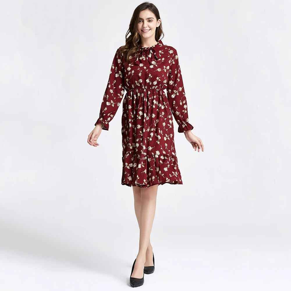 Long Sleeve Floral Print Chiffon Dress - Medium Lace Up Slim Fit Women's Dress