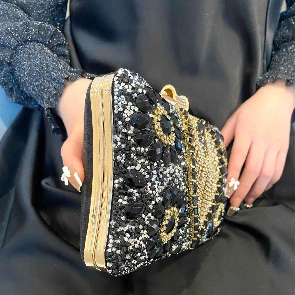 Handmade Rhinestone Evening Bag - Metal Top Handle Bar with Detachable Crossbody Chain for Party Prom Wedding