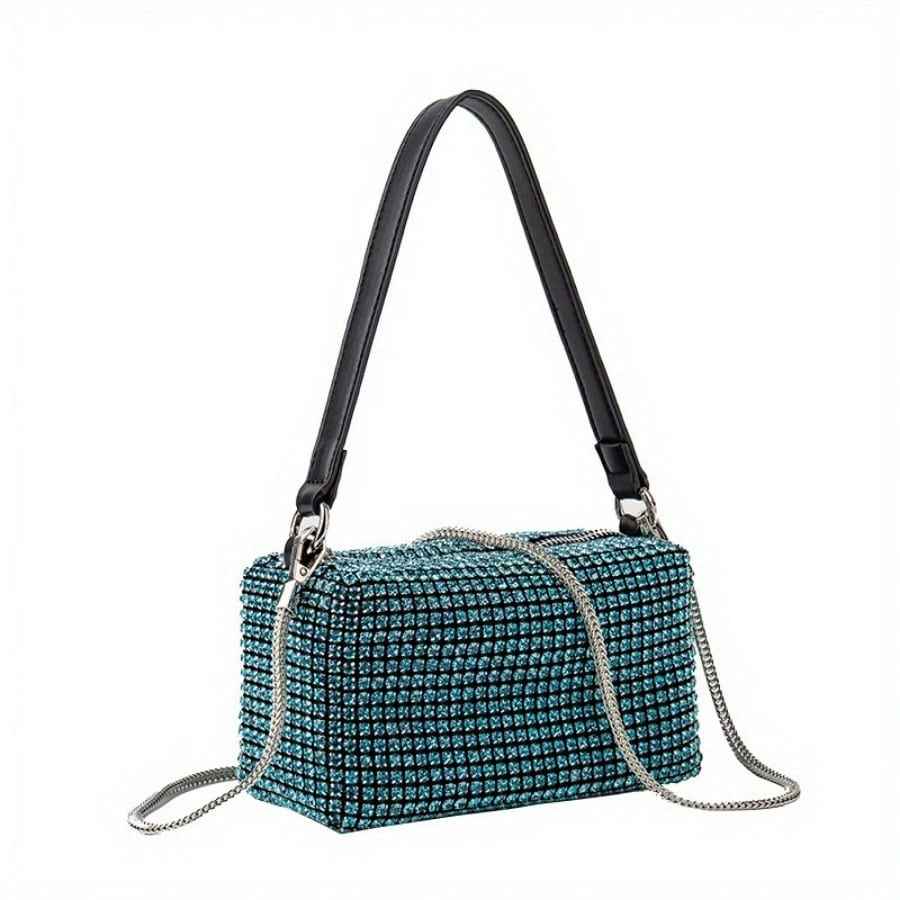 Fully Rhinestone Evening Bag - Rectangle Shape with Leather Handle & Detachable Crossbody Chain, Small Party Shoulder Purse