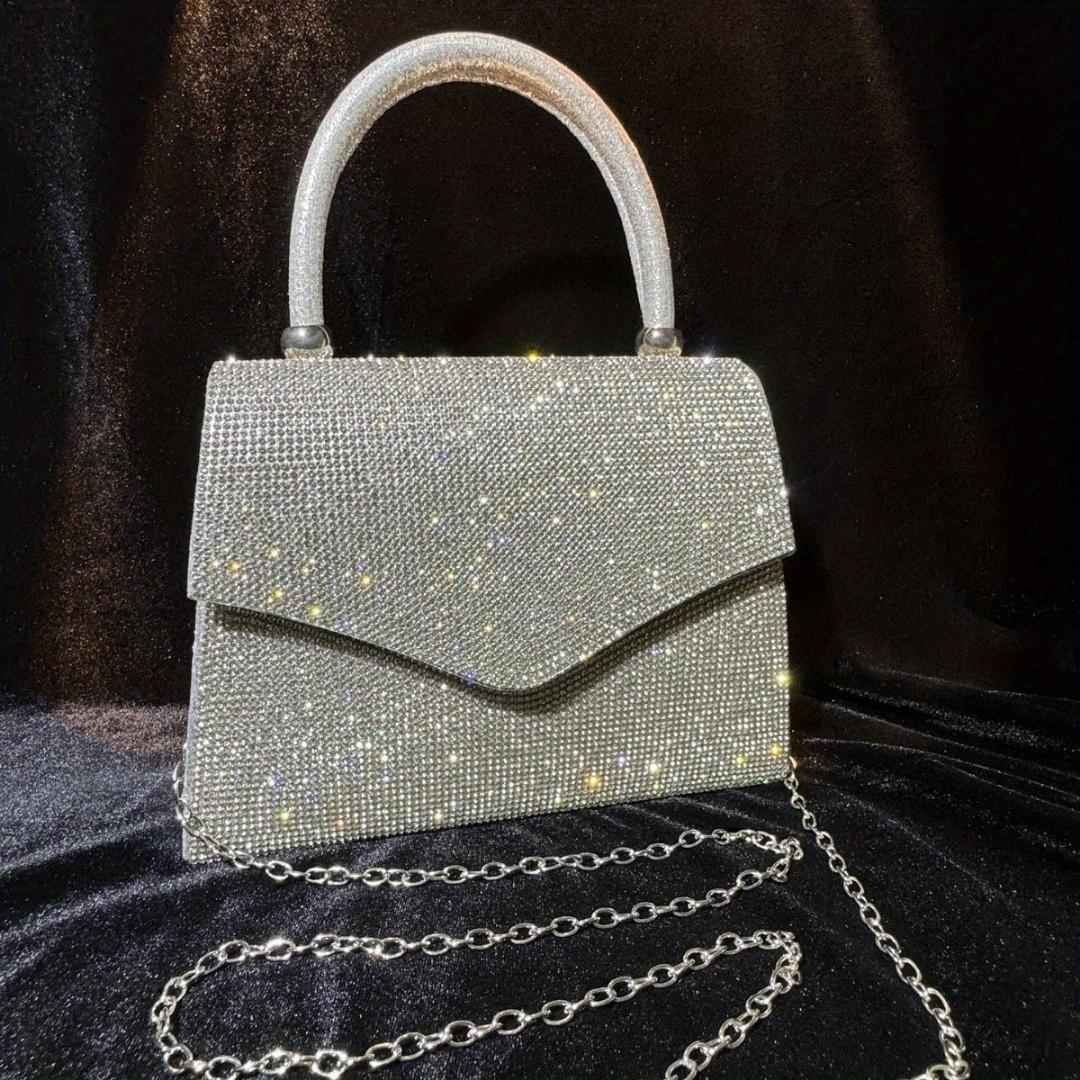 Square Rhinestone Evening Clutch for Women - Silver Dinner Bag with Leather Top Handle for Party & Dinner