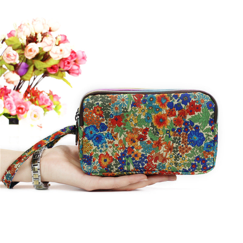 Floral Printed Fabric Wristlet Wallet for Women - Double Zipper Clutch with Wrist Strap -dropshippingabc.com