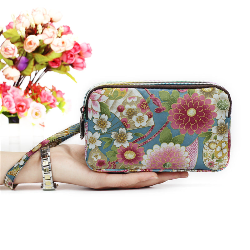 Floral Printed Fabric Wristlet Wallet for Women - Double Zipper Clutch with Wrist Strap -dropshippingabc.com