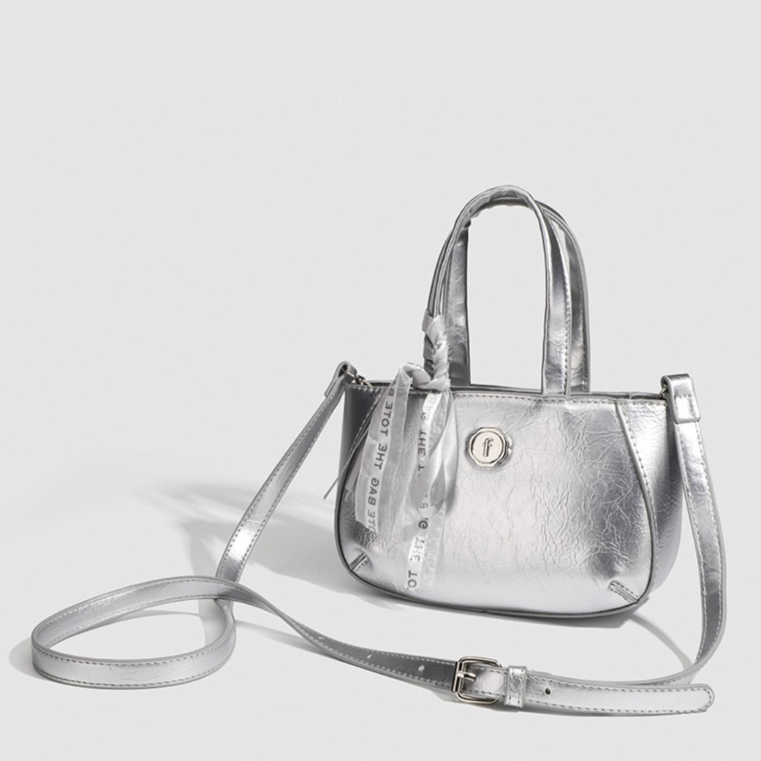Metallic Small Tote Bag with Detachable Crossbody Strap - Fashionable Silver Square Handbag for Ladies -dropshippingabc.com