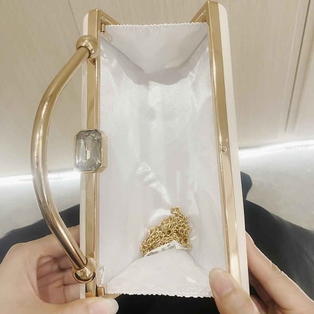 Rectangle Long Evening Purse - Leather Surface with Metal Top Handle & Detachable Crossbody Chain