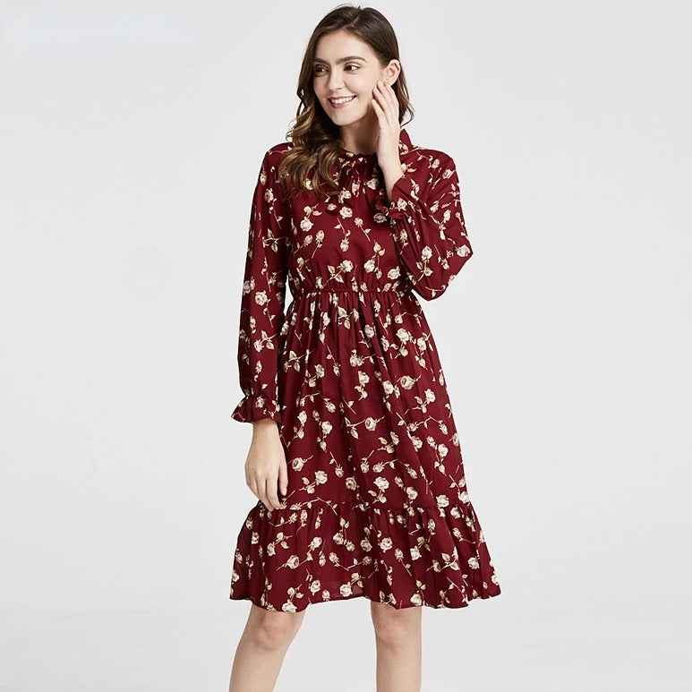 Long Sleeve Floral Print Chiffon Dress - Medium Lace Up Slim Fit Women's Dress