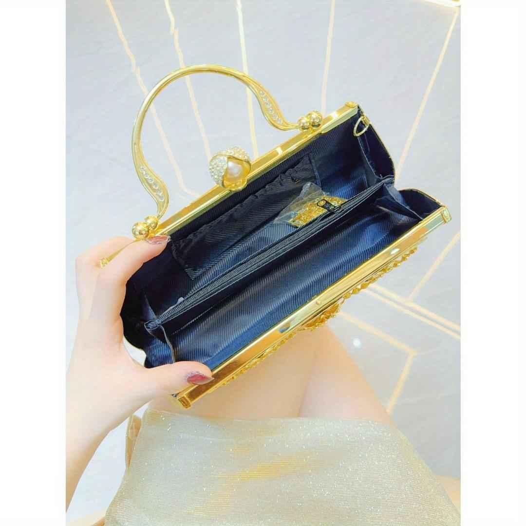 Long Rhinestone Evening Purse - Metal Top Handle Dinner Bag, Elegant Cocktail Dress Clutch for Parties