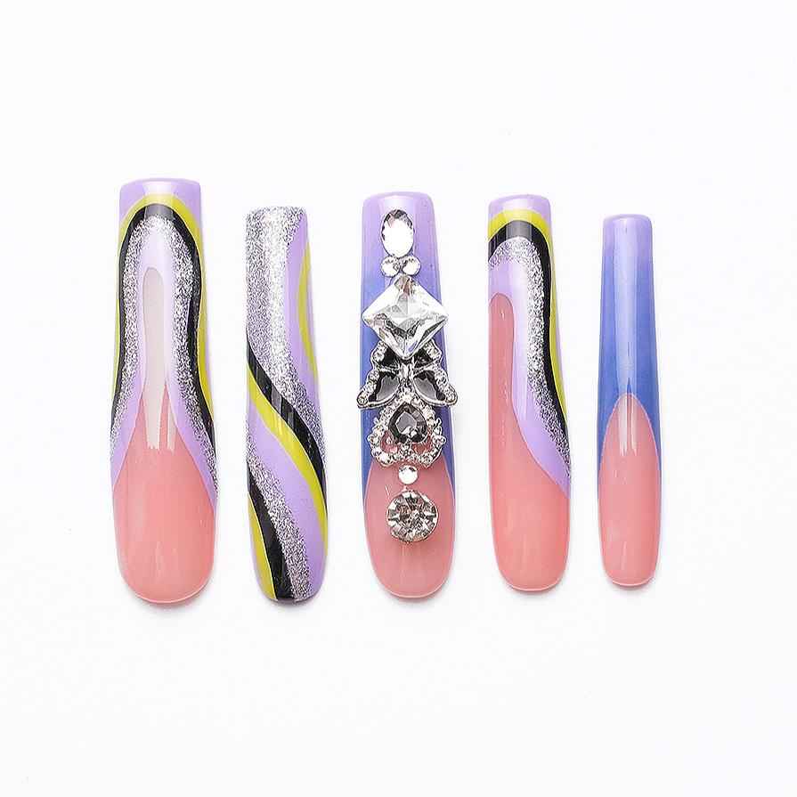 Handmade 3D Floral Press On Nails - Long Square Glitter Gradient False Nails with Glue 1068