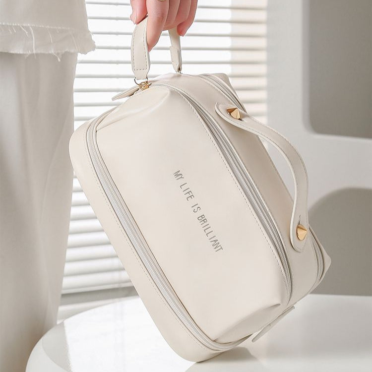 Double Layer Makeup Bag for Women - Large Capacity PU Leather Toiletry Organizer with Dual Zippers -dropshippingabc.com