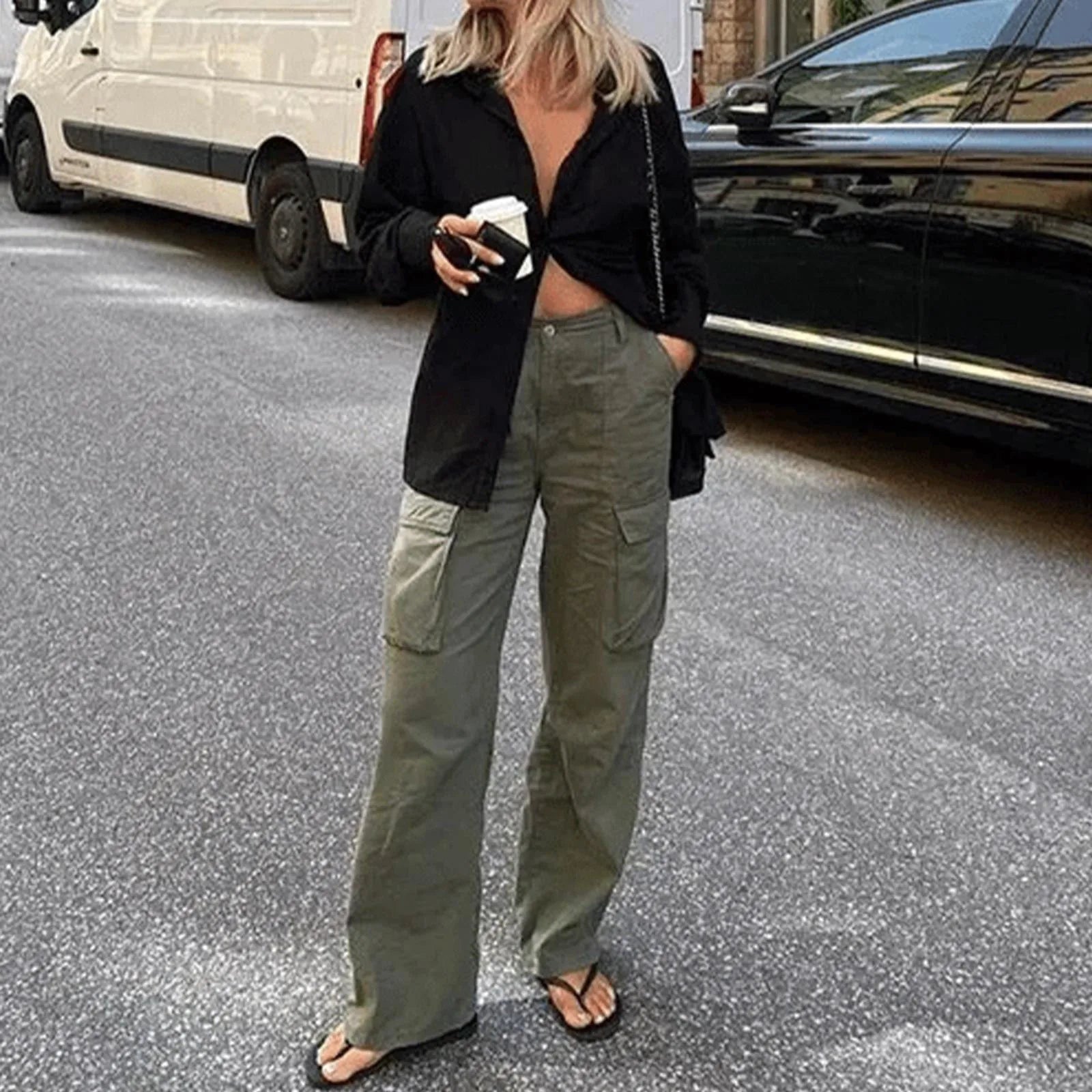 Women's Adjustable Cargo Pants - High Waist Straight Fit Baggy Wide Leg Trousers with Pockets Retro Street Style -dropshippingabc.com