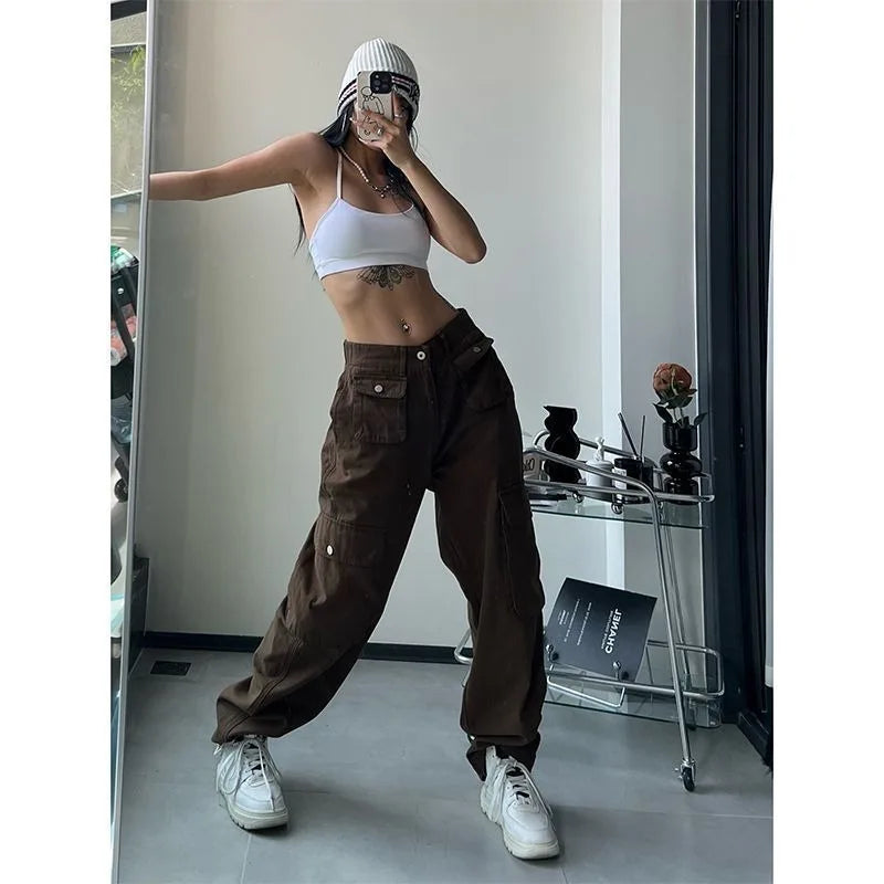 Vintage Brown Cargo Pants for Women - 90s Baggy Streetwear Hippie Trousers with Gyaru & Baddies Aesthetic -dropshippingabc.com
