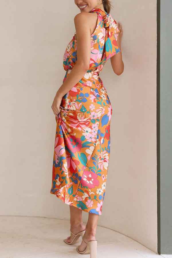Sleeveless Strap Dress Slim Dress Satin Printing Temperament