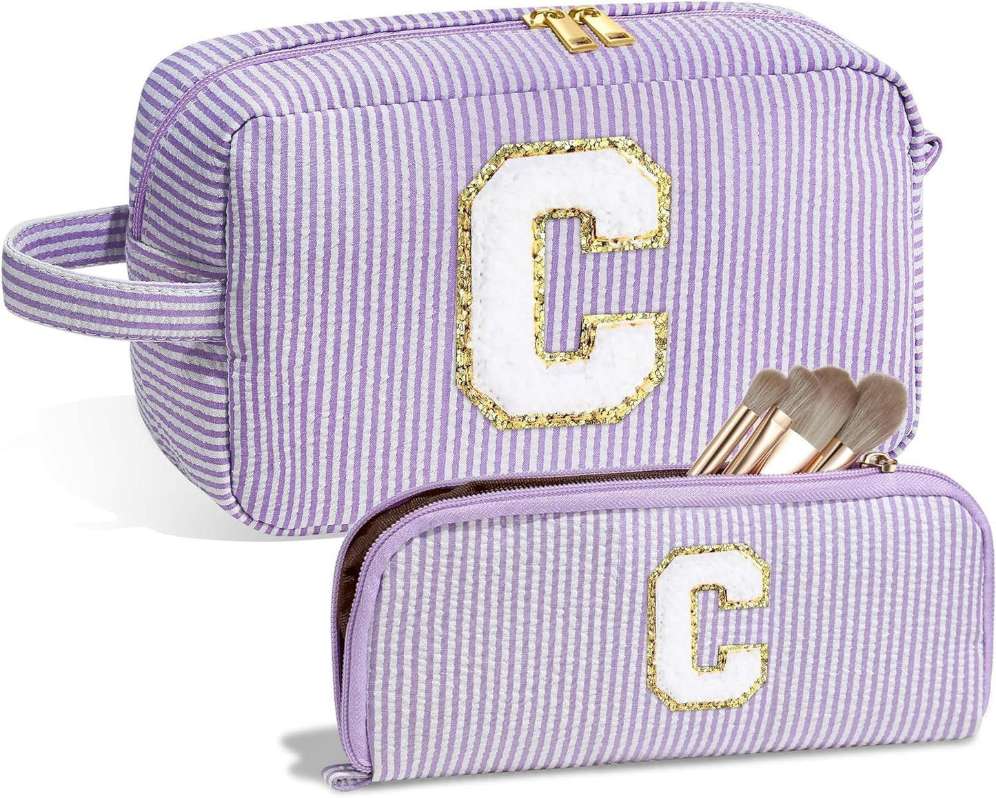 Chenille Striped Makeup Bag - 2-in-1 Lightweight Travel Cosmetic Organizer with Removable Compartments -dropshippingabc.com