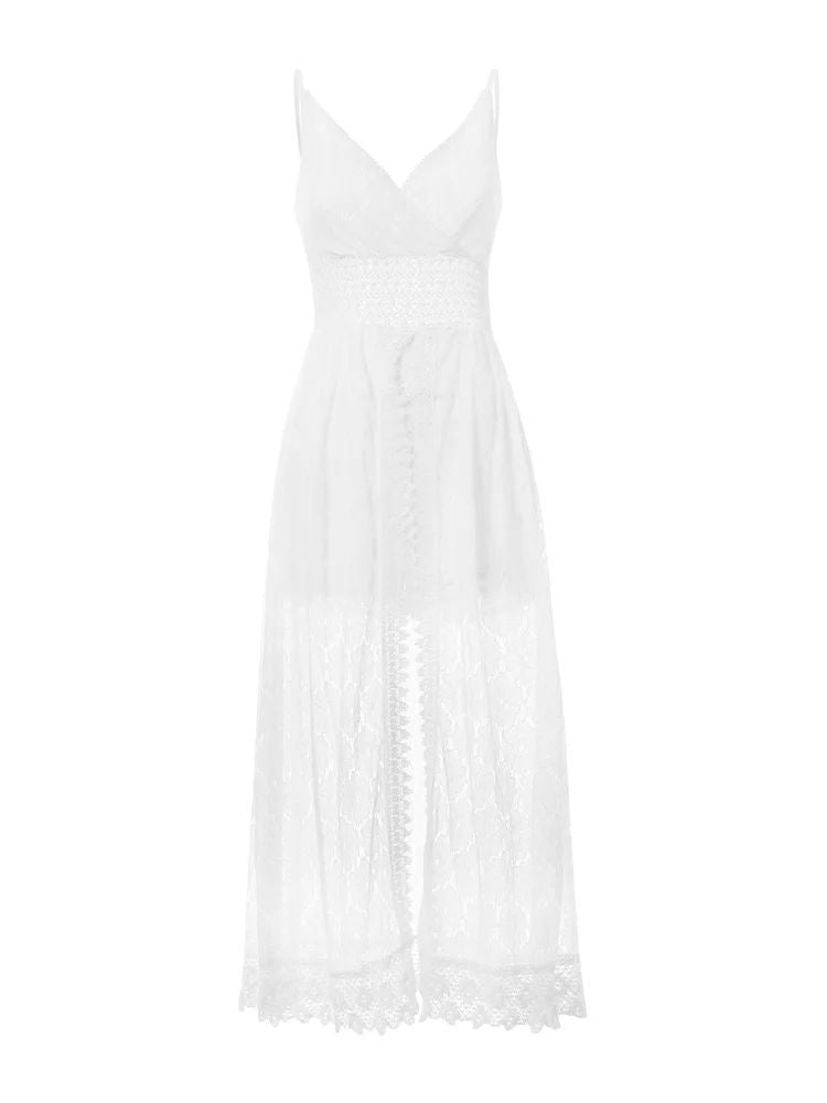 Women's Floral V-Neck Lace Dress - Sleeveless Spaghetti Strap Boho Beach Vacation Dress with Side Split -dropshippingabc.com