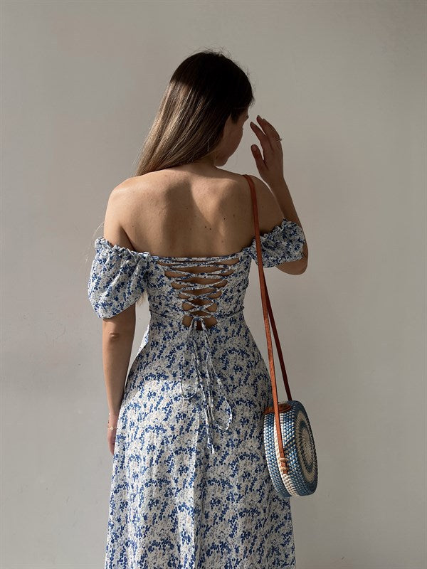 Sleeveless Floral Print Maxi Dress - Strapless Square Neck with High Slit & Waist Emphasis -dropshippingabc.com