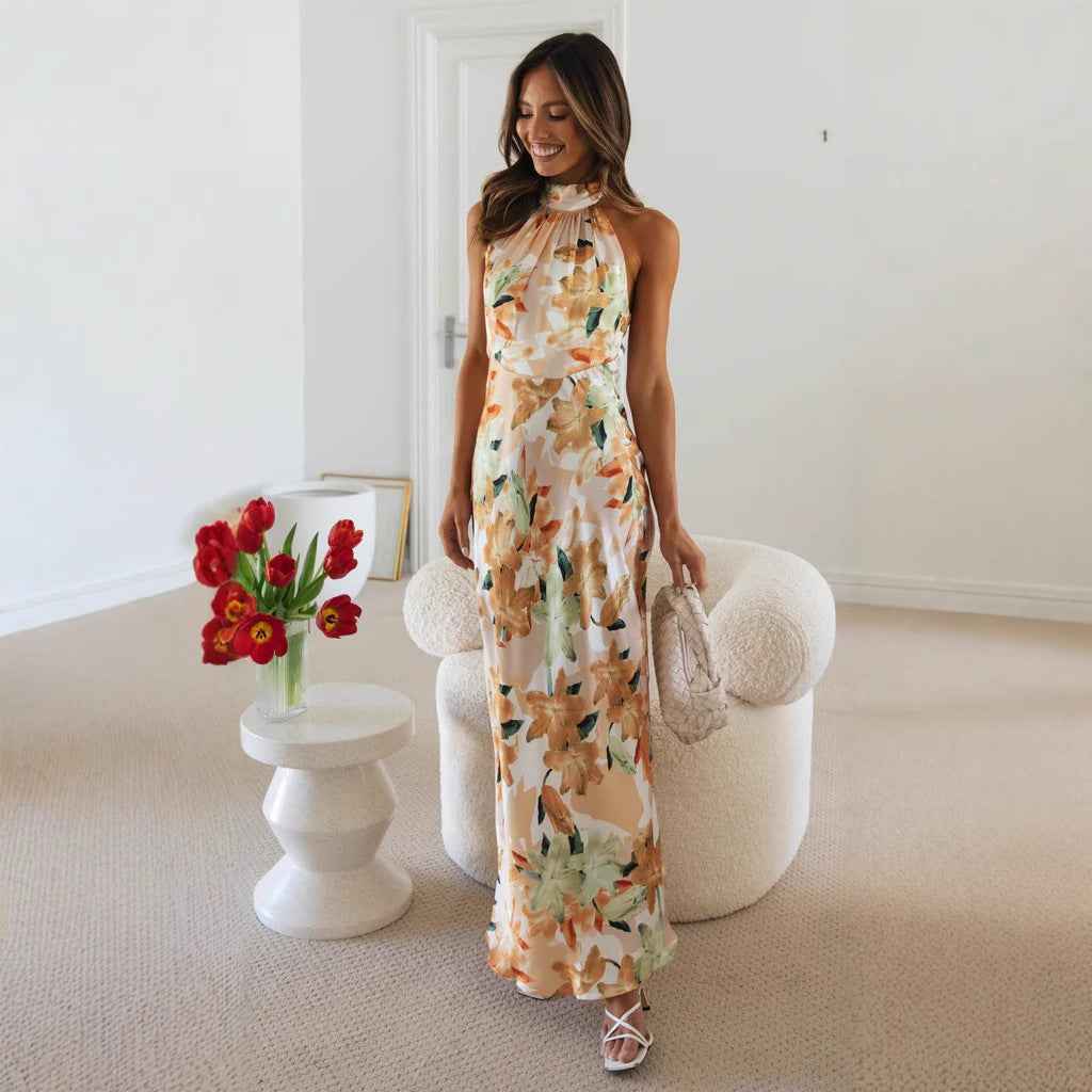 Summer Satin Dress Elegant Sleeveless Mock Neck Cocktail Party Maxi Dresses Sexy Halter Neck Floral Print Slim Casual dress