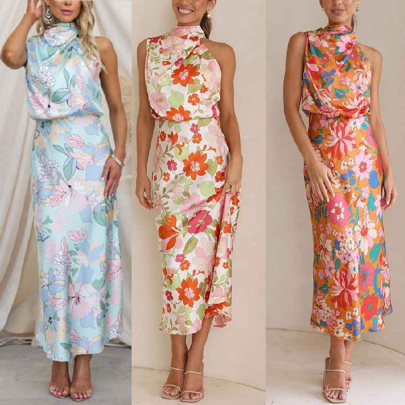 Sleeveless Strap Dress Slim Dress Satin Printing Temperament