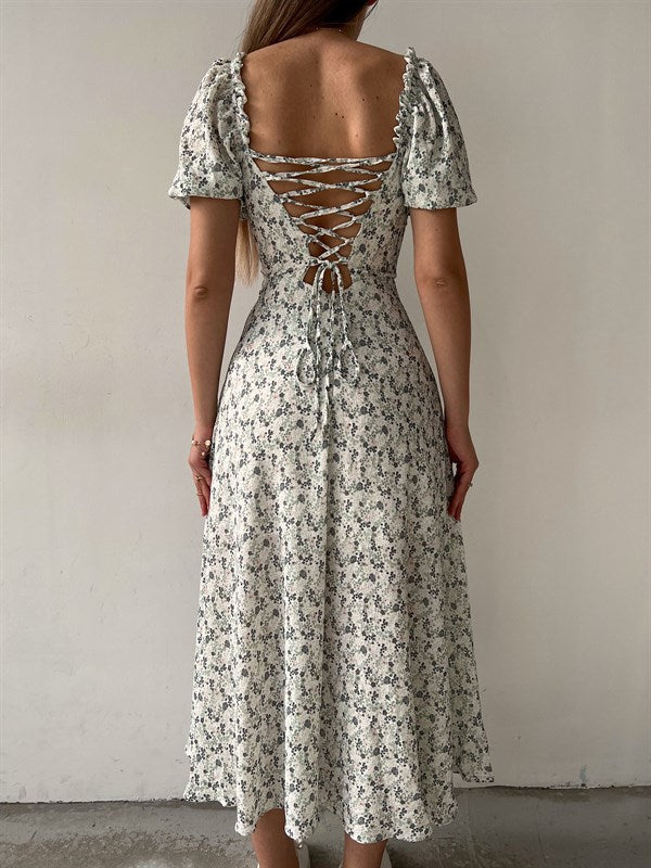 Sleeveless Floral Print Maxi Dress - Strapless Square Neck with High Slit & Waist Emphasis -dropshippingabc.com