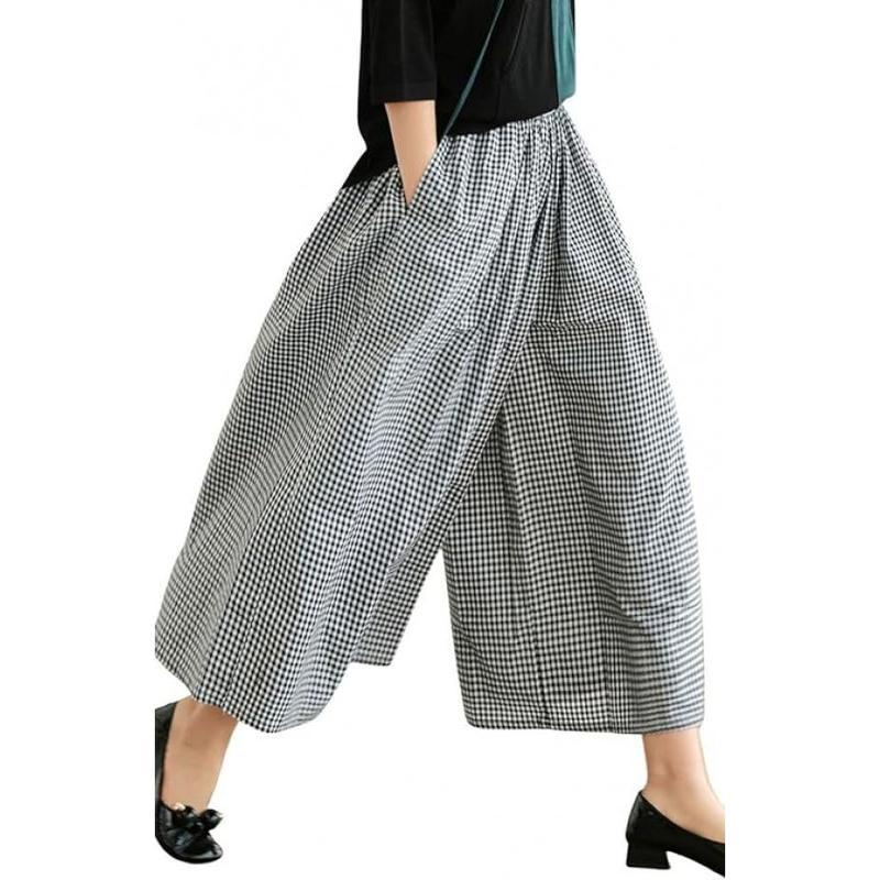 Women's Cotton Linen Plaid Pants - Elastic Waist Wide Leg Palazzo Capri Pants -dropshippingabc.com