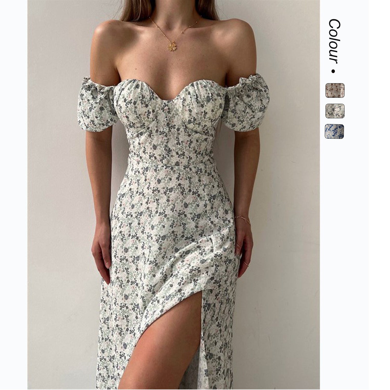 Sleeveless Floral Print Maxi Dress - Strapless Square Neck with High Slit & Waist Emphasis -dropshippingabc.com